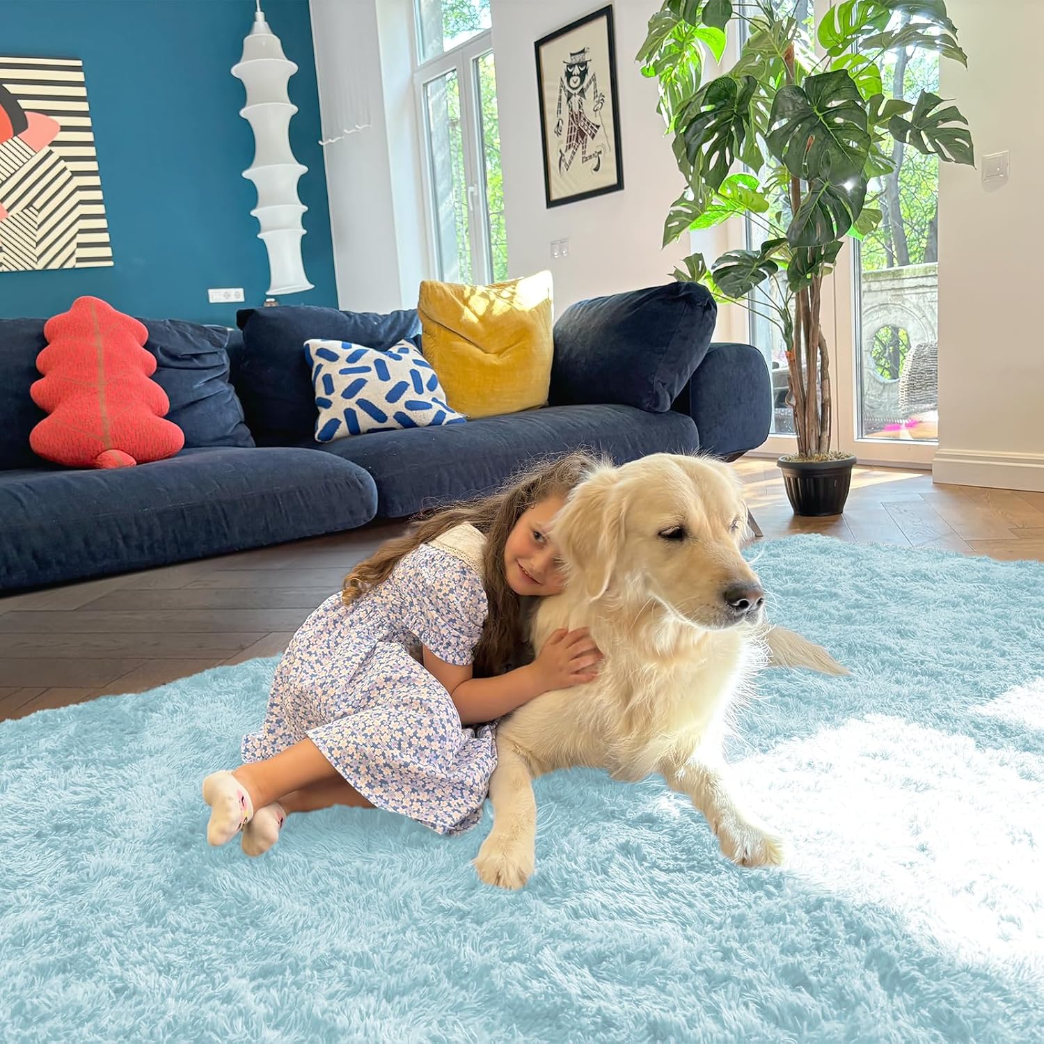 OLANLY 2x8 Machine Washable Runner Rug - Soft Fluffy Shaggy Indoor Carpet for Bedroom & Hallway | Light Blue Decor