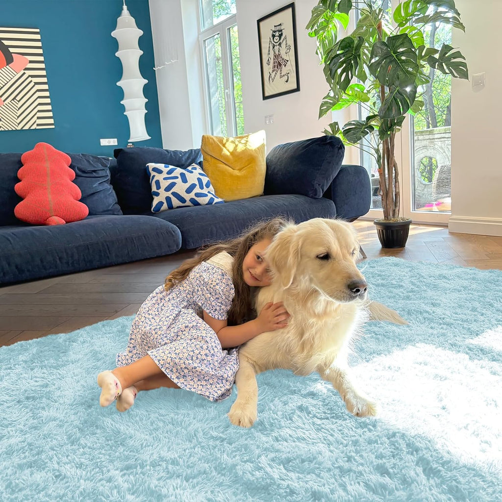 OLANLY Large Area Rug - Soft Fluffy Shaggy Carpet for Living Room & Bedroom | 8x10 Light Blue