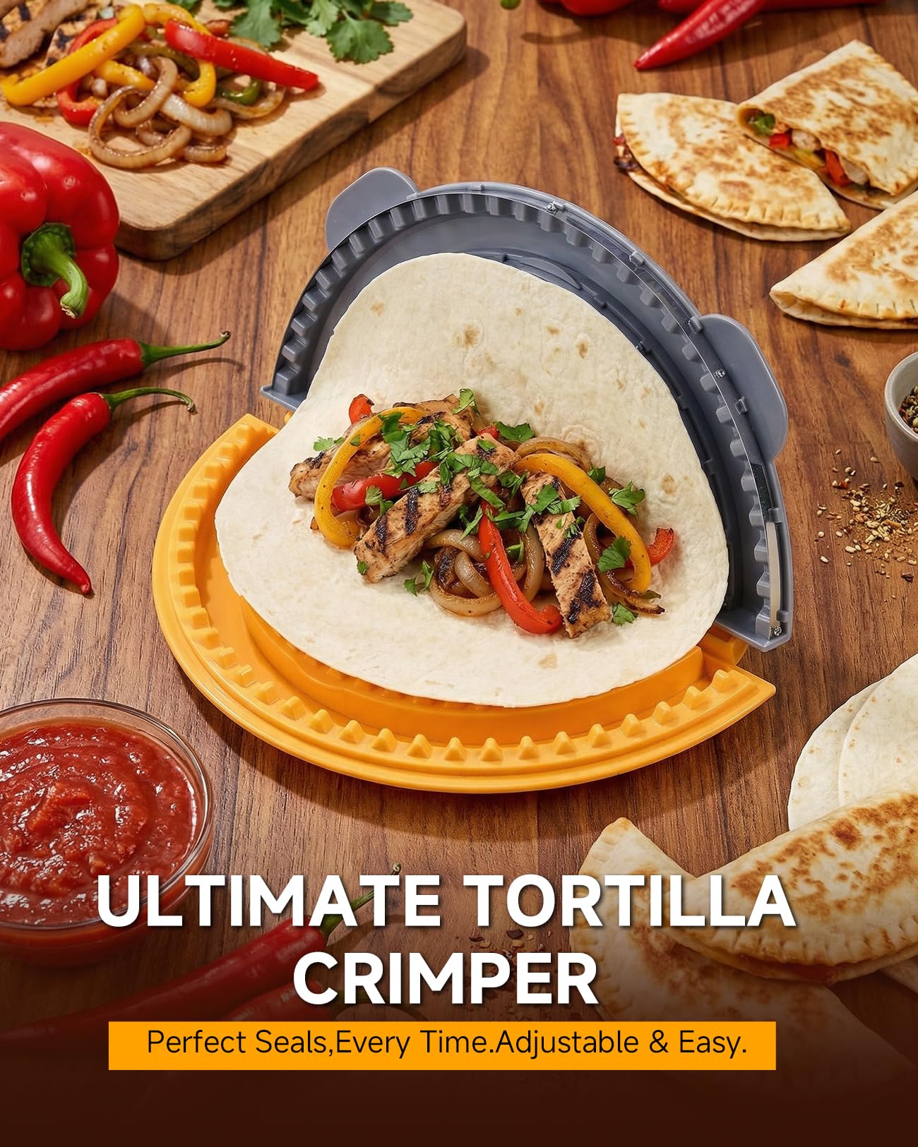 4-in-1 Tortilla Sealer Press, Tortilla Crimper Maker for 4”, 6”, 8”, 10” Wraps, Detachable Shark Tooth Design, BPA-Free, Dishwasher Safe, Suitable for Making Sealed Quesadilla, Taco, Burrito, Dumpling