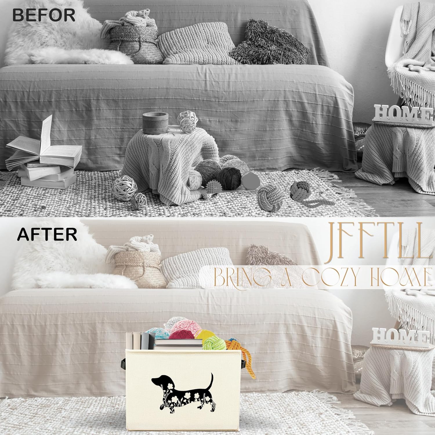 Skiennix Dachshund Dog Toy Basket - Black Floral Collapsible Storage Organizer for Pet Supplies