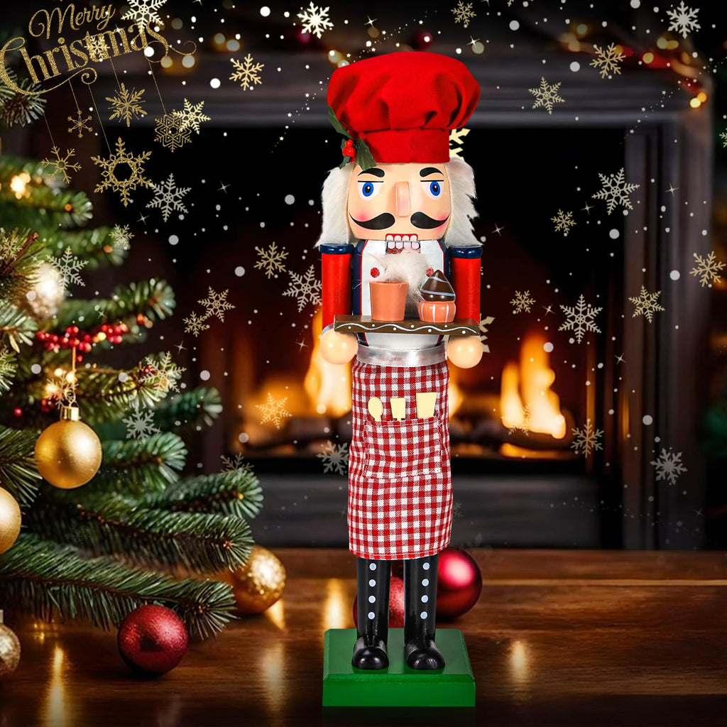 WODICY Christmas Nutcracker Décor Figures, 15 inches Chef Wooden Nutcracker Ornaments with Cup Cake and Chef hat for Kitchen Shelves Tabletop Festival Decorations Gift