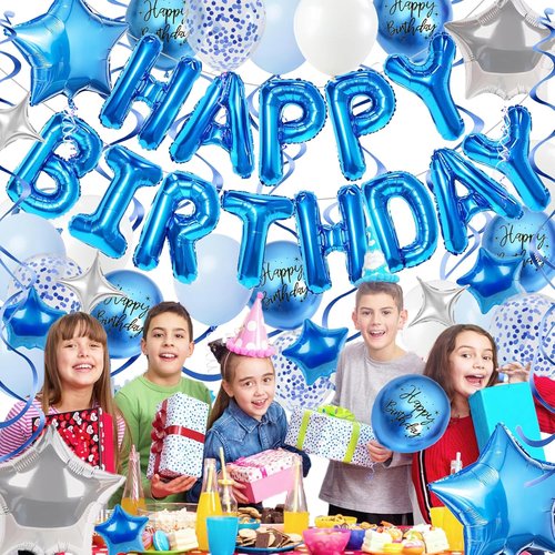 Blue Birthday Decorations - 3D Foil Happy Birthday Balloon Banner with Star & Confetti Balloons