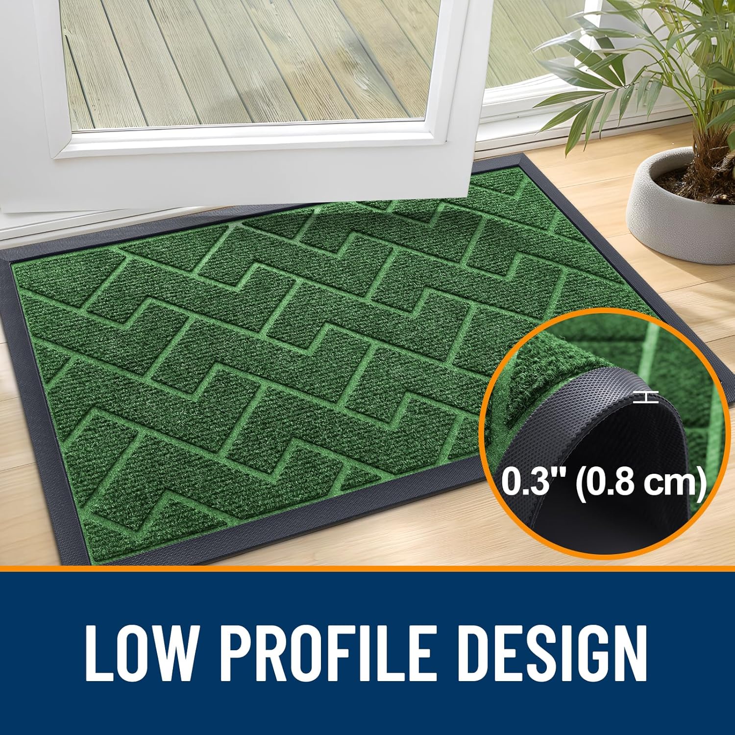 OLANLY Waterproof All-Season Front Door Mat - Sturdy Natural Rubber, Low Profile, Herringbone Brick (Green, 47x23)