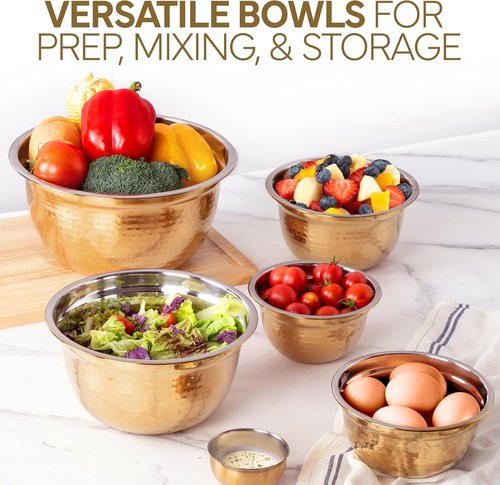 COOK WITH COLOR 18-Piece Mixing Bowls Set - Handcrafted Stainless Steel with Airtight Lids | Gold Hammered Finish