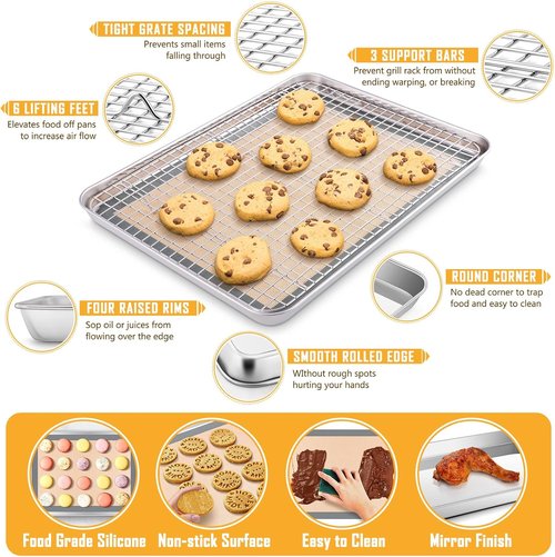 E-far Stainless Steel Baking Sheet Set - 10.5”x8.3” Cookie Sheet Pan with Wire Rack & Silicone Mat