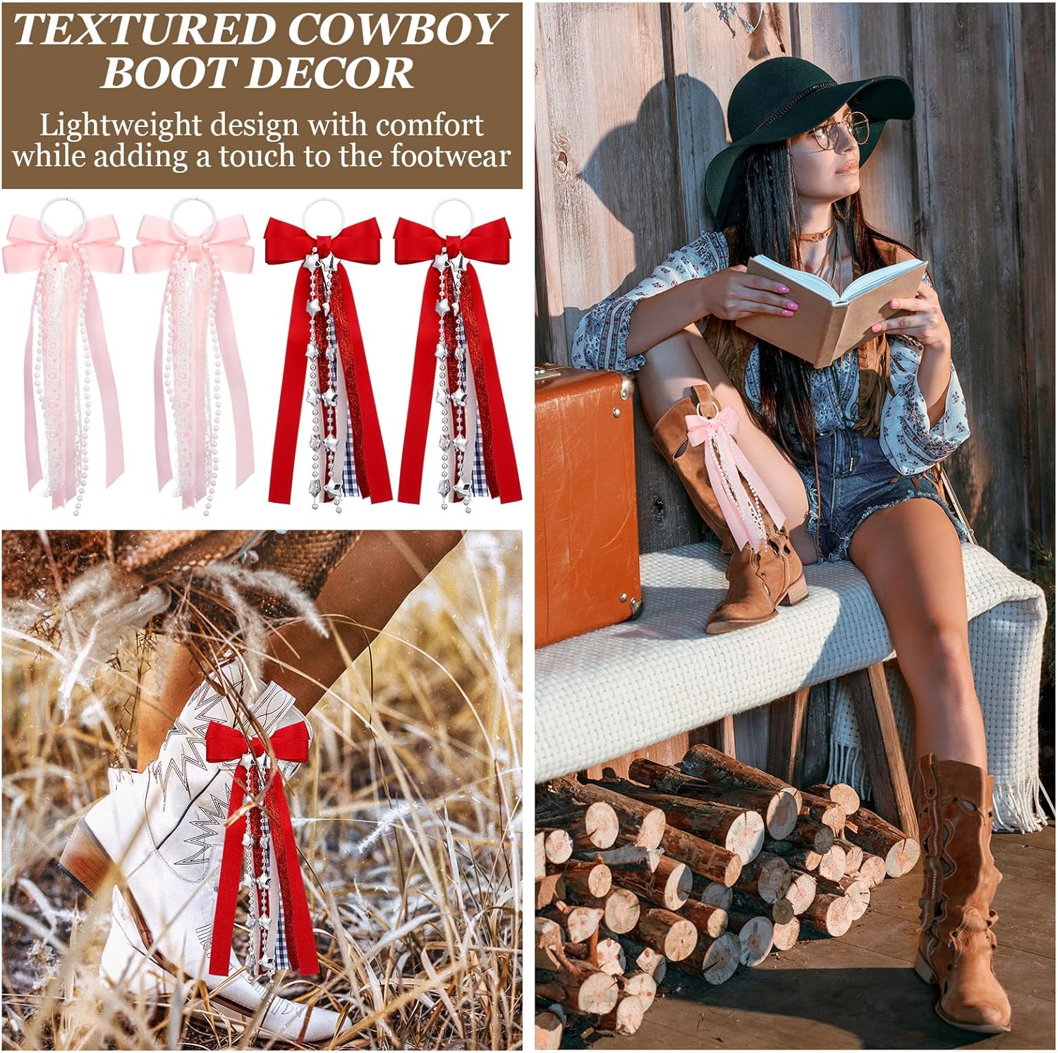Norme Western Ribbon Boot Bows - 4 Pcs Buffalo Plaid & Glitter Pearl Lace | DIY Cowboy Cowgirl Accessories