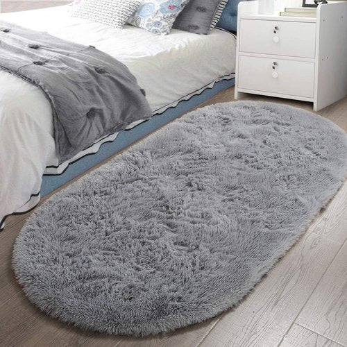 LOCHAS Gray Fluffy Shaggy Area Rug - Soft Oval Throw Rug for Bedroom & Nursery | 2.6' x 5.3'