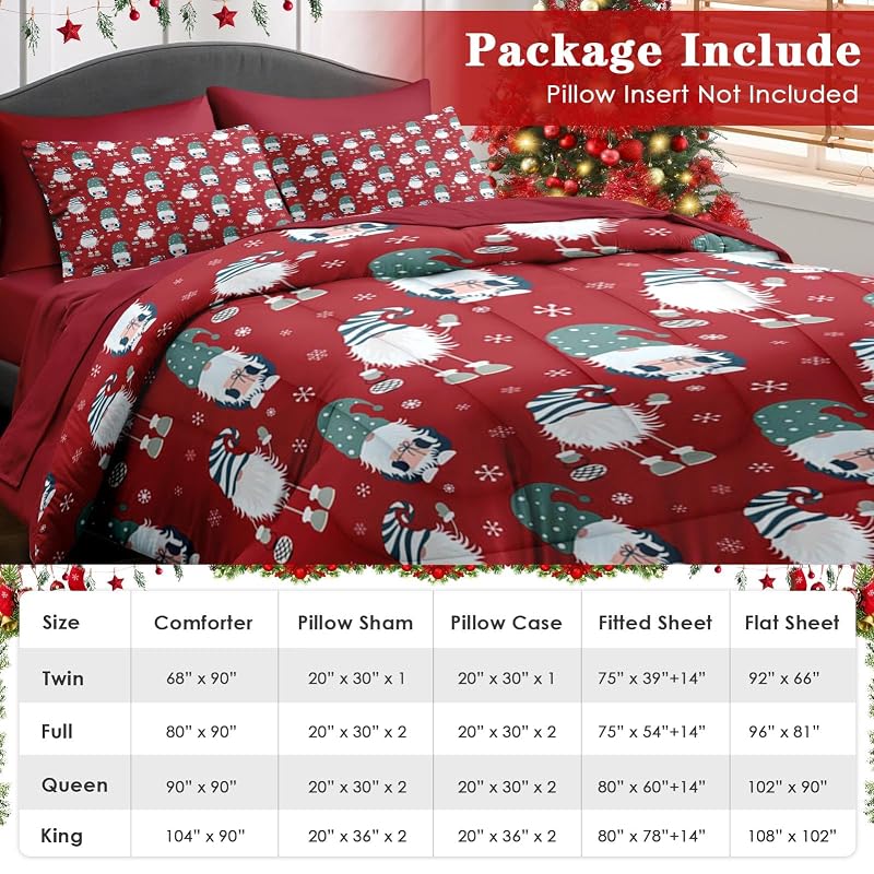 Full Christmas Comforter Set with Sheets - 7-Piece, Merry Christmas Bedding, Gnome Pattern (Variation: Christmas Gnome)