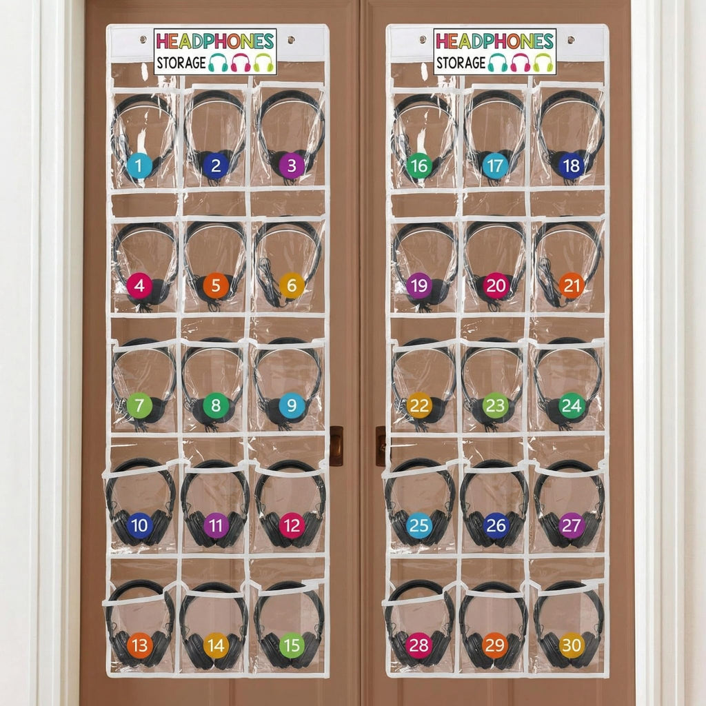 Vincreem 2 Pcs Over The Door Hanging Classroom Headphone Storage Organizer 30 PVC Clear Organizer Holder Pockets with 2 Pcs Headphone Storage Cards with Digital Stickers for Library Door Hanger