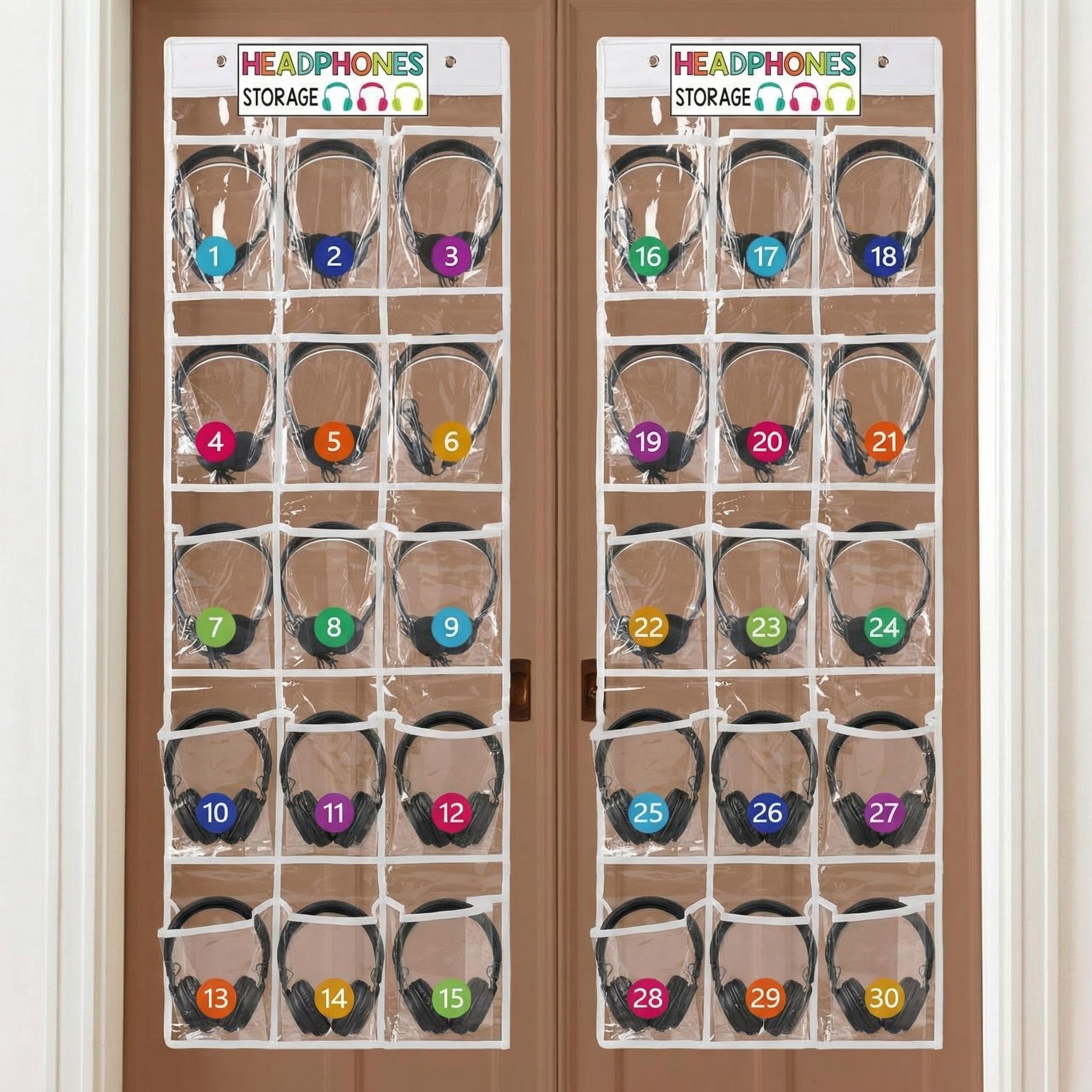 Vincreem 2 Pcs Over The Door Hanging Classroom Headphone Storage Organizer 30 PVC Clear Organizer Holder Pockets with 2 Pcs Headphone Storage Cards with Digital Stickers for Library Door Hanger