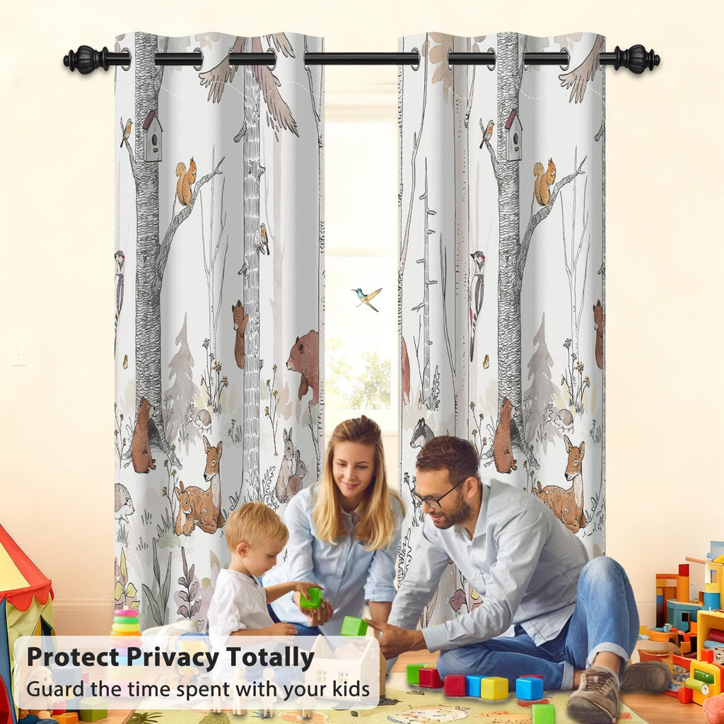 GICDSU Kids Blackout Curtains for Nursery, Boy's Woodland Animal Print Curtains for Bedroom, Cartoon Room Darkening Window Drapes 2 Panels Set, White, 42W x 84L