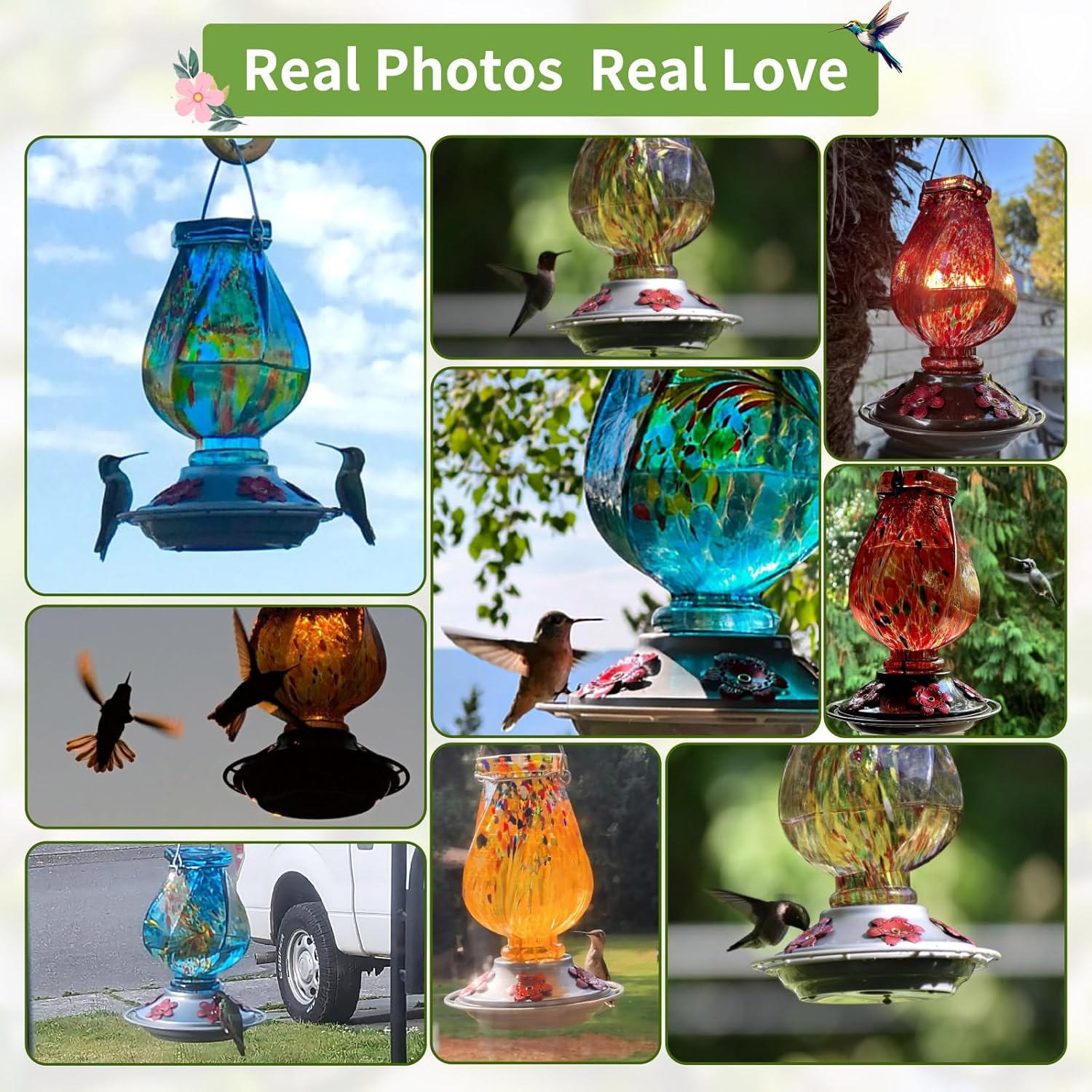 BOLITE Hummingbird Feeder - Hand Blown Glass Design with 5 Bee-Proof Ports | 22oz, Blue, Perfect Outdoor Gift