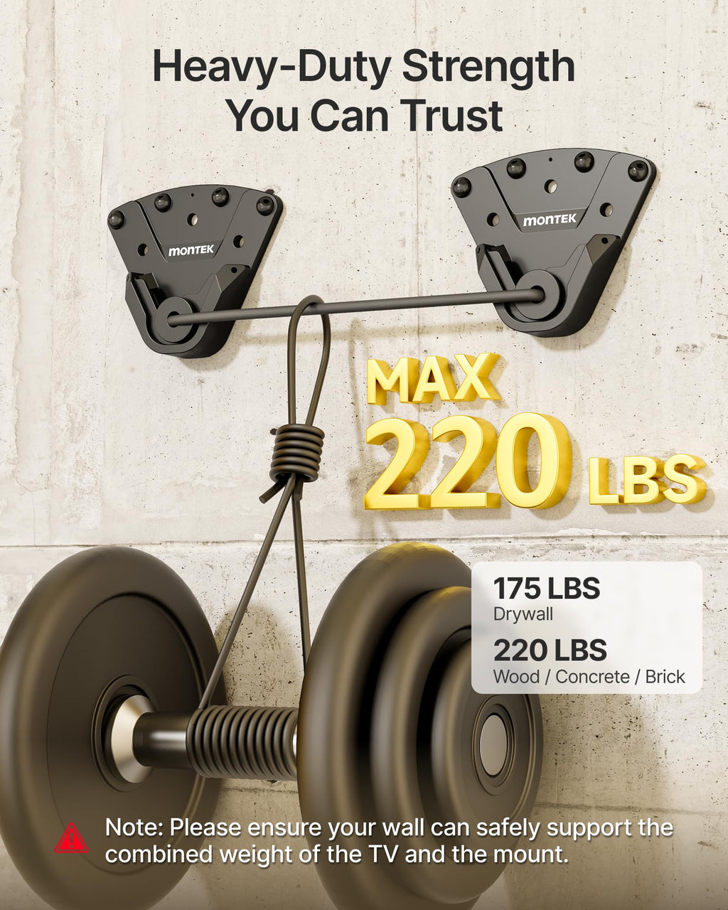 monTEK No Stud TV Wall Mount for 32-100 Inch TVs, Holds up to 220 lbs, Heavy Duty Studless No Drill TV Mount for Drywall & Concrete, Ultra Slim 0.9" Low Profile, Max VESA 1000x600mm, Renter-Friendly