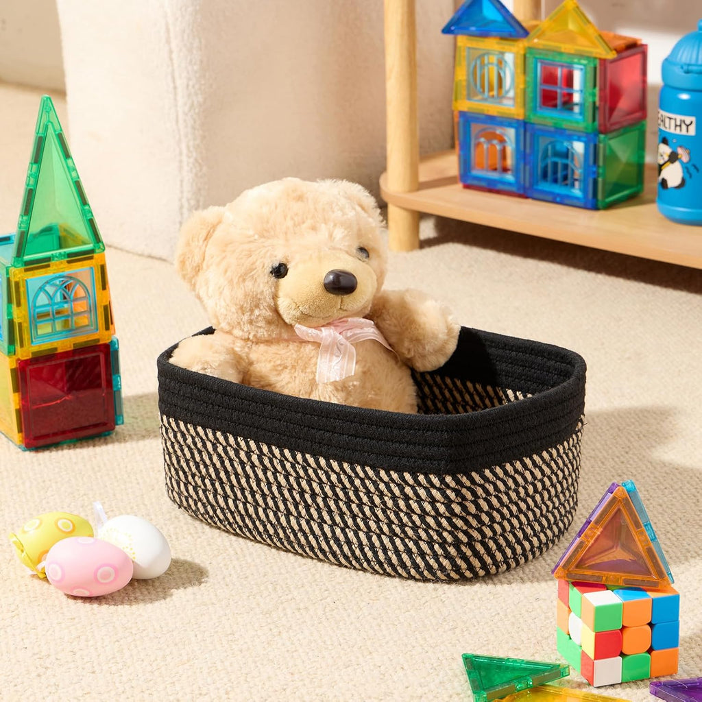 MiniArk Small Storage Baskets - Organizing Bins for Closet & Shelf | Woven Rope | 11.5x7.5x4.7” | 3 Pack in Black & Brown