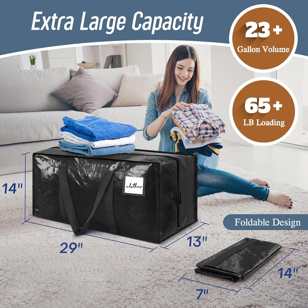 Skiennix 6 Pack Extra Heavy Duty Moving Bags - Strong Zipper & Comfortable Handles | Durable Black Storage Totes
