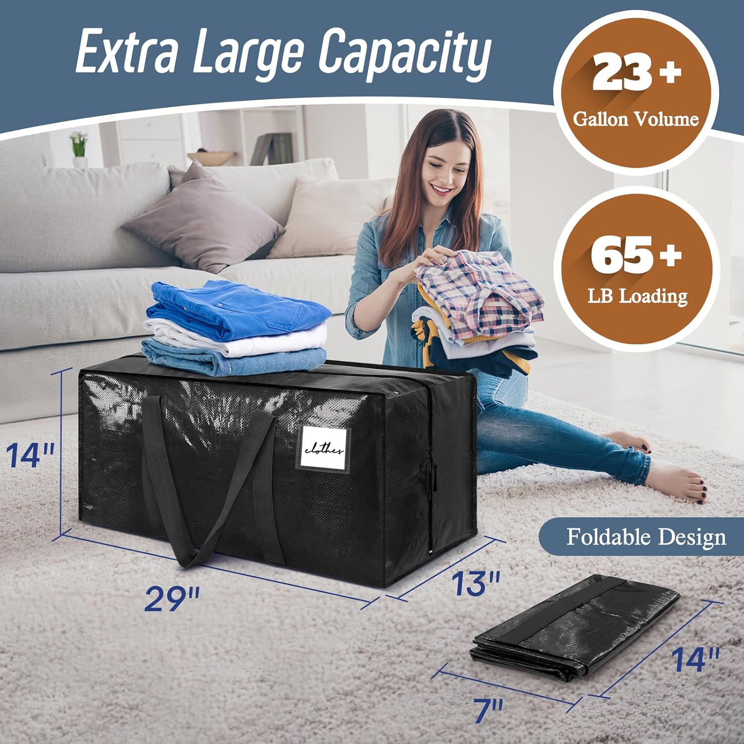 Skiennix 6 Pack Extra Heavy Duty Moving Bags - Strong Zipper & Comfortable Handles | Durable Black Storage Totes