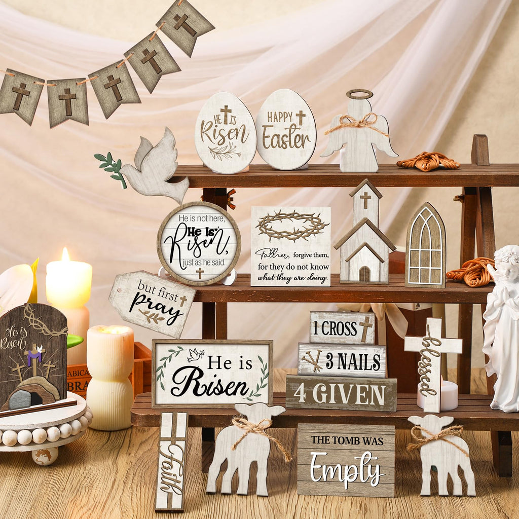 Yuntau 24 Pcs Easter Tiered Tray Decor Religious Easter Decorations He is Risen Cross Tray Decoration Sets Christian Cross Table Wooden Sign Farmhouse Table Decor for Home Kitchen Office Holiday