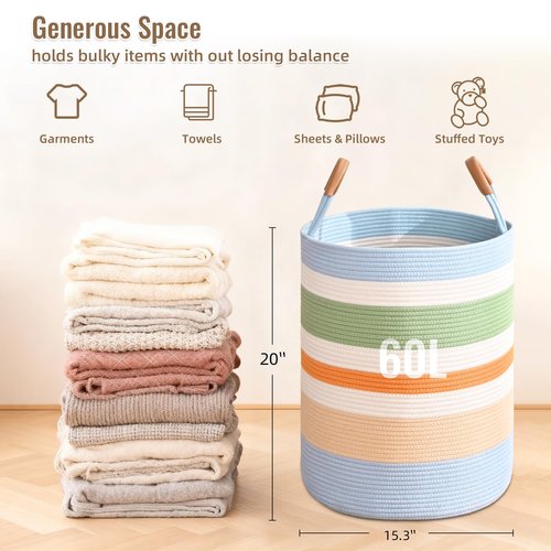 Degeyoyo 60L Striped Laundry Basket, Rainbow Laundry Hamper with Leather Handles, Woven Cotton Rope Storage Bin for Blankets, Nursery Hamper for Clothes, Toys In Bathroom, Livingroom, Bedroom