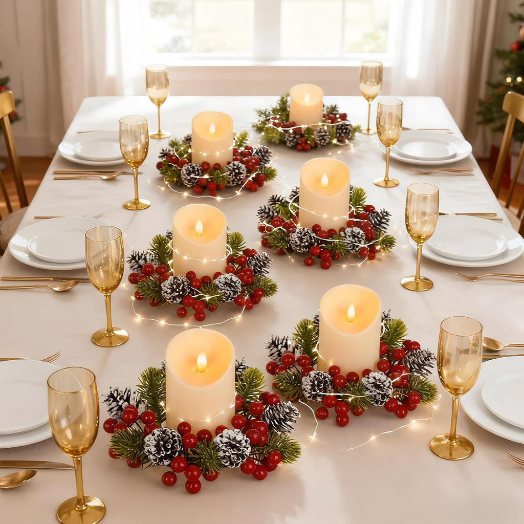Skiennix Christmas Candle Rings - 6Pcs Artificial Pine Cones & Red Berries for Pillar Holders | Festive Table Centerpiece