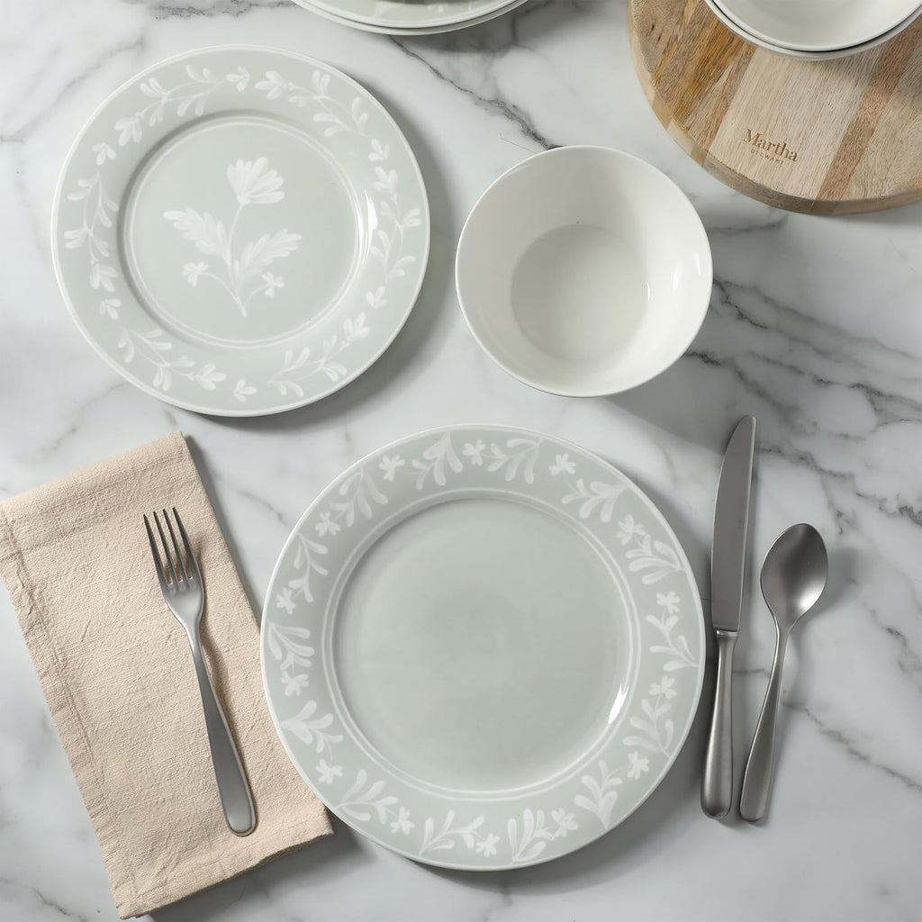 Martha Stewart Dinnerware Set - Maiden Crown 12-Piece Floral Dish Set, Sage Green | New Bone China, Service for 4, Microwave & Dishwasher Safe