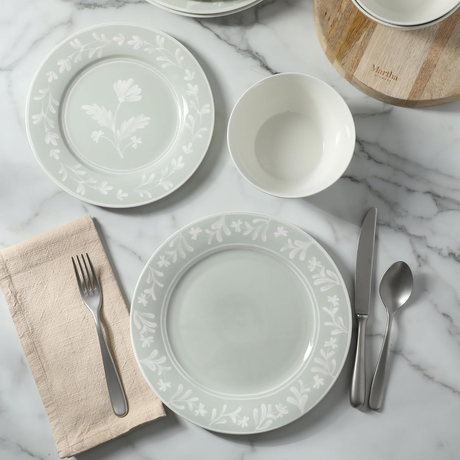 Martha Stewart Dinnerware Set - Maiden Crown 12-Piece Floral Dish Set, Sage Green | New Bone China, Service for 4, Microwave & Dishwasher Safe