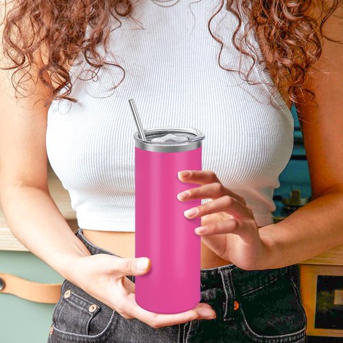 YOUKE OLA 16 Pack Stainless Steel Skinny Tumblers Bulk Straight Double Wall Powder Coated Insulated Tumbler with Lid and Straw for Laser Engrave, DIY Gift, 20oz Pink