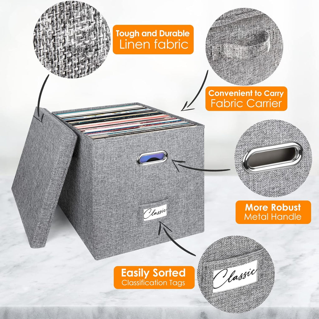Skiennix Vinyl Record Storage Box - Stackable Linen Crate for 50+ 12-Inch LPs with Lid & Handle