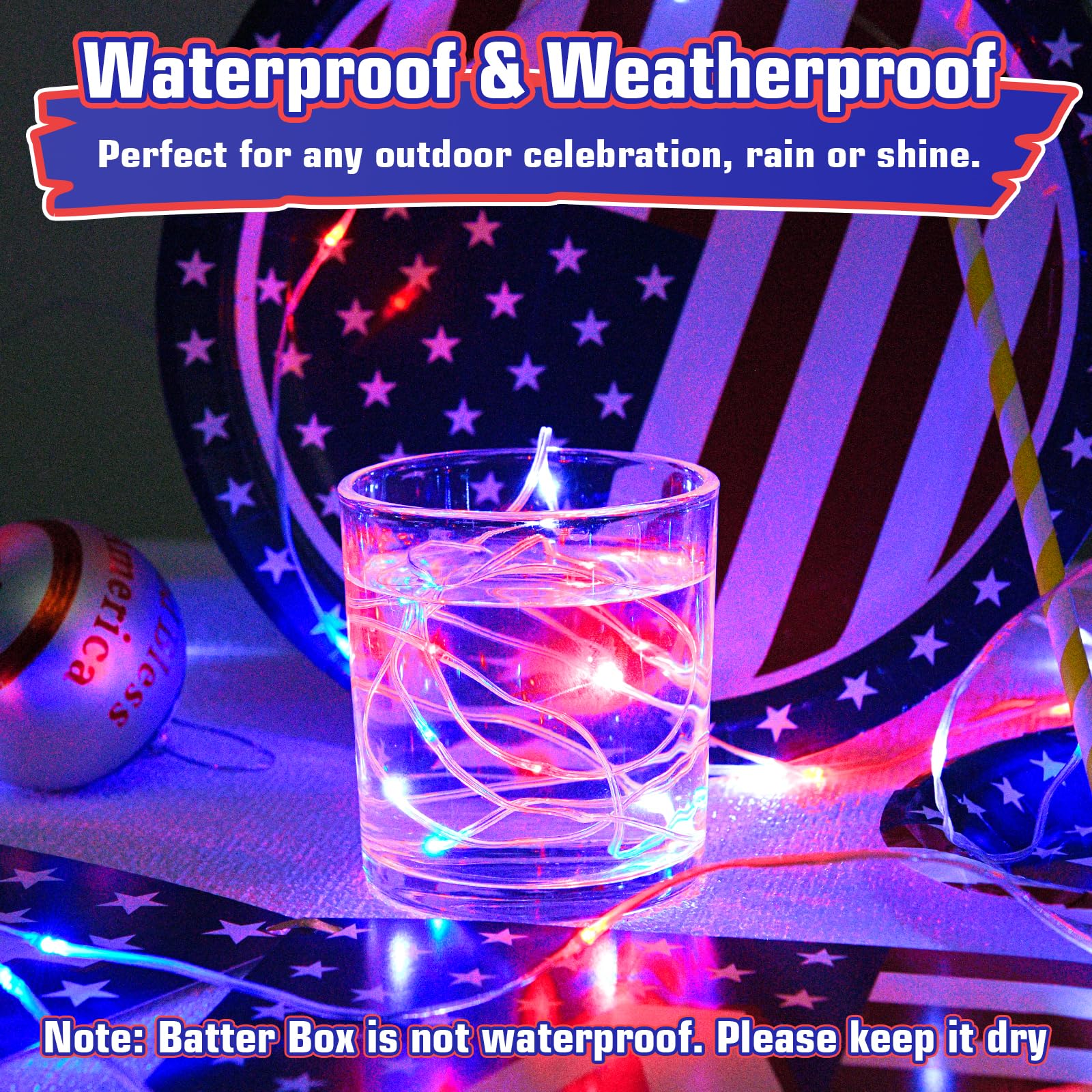cshare Red White and Blue Fairy Lights Battery Operated, 4th of July Lights with Timer 16.4ft 50LED for 4th of July Independence Day Memorial Day Decorations