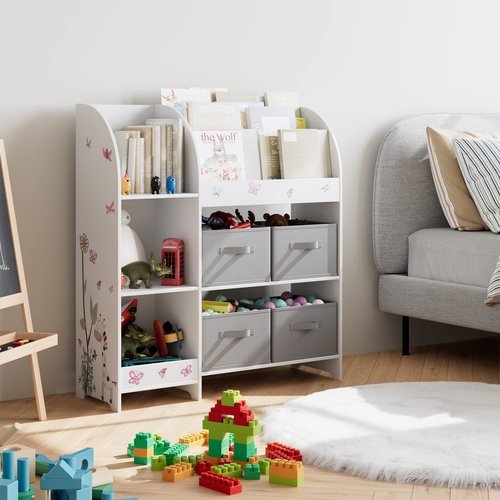 BOTLOG Toy Storage Organizer, Kids Bookshelf with 4 Fabric Bins, Toy Box Storage for Organizer with 3 Tier Book Rack and 3 Open Cubbies for Kids Room, Playroom, Nursery, School