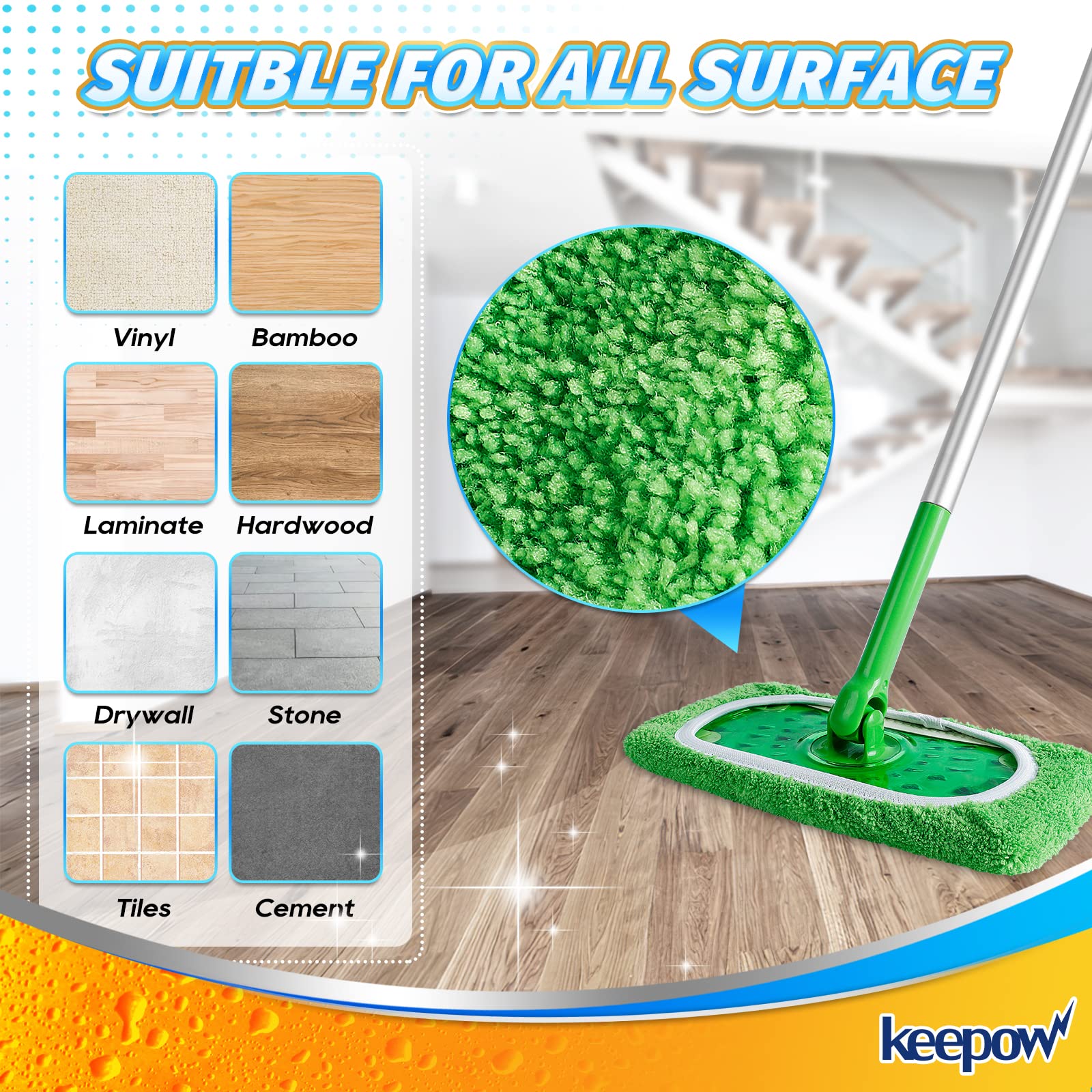 KEEPOW Reusable Mop Pads Compatible with Swiffer Sweeper Mop, Dry Sweeping Cloths for Swiffer Pads, 8 Pack Washable Microfiber Wet Mopping Cloth Refills for Surface/Hardwood Floor Cleaning