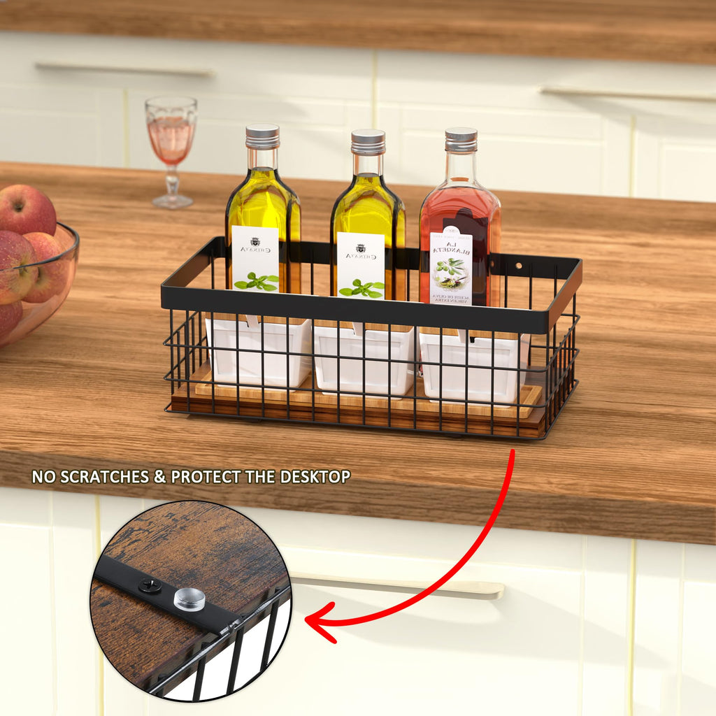 Alytree Toilet Paper Basket with Decorative Wood Base, Small Metal Wire Basket for Toilet Paper, Cosmetic & Spices, Wall Mount Storage Basket for Bathroom, Kitchen