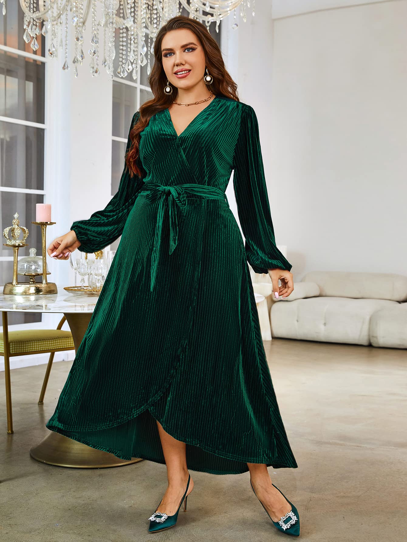 BerryGo Women's Plus Size Long Sleeve Velvet Wrap Dress V Neck Cocktail Semi Formal Maxi Dress for Wedding Guest Emerald Green 3XL