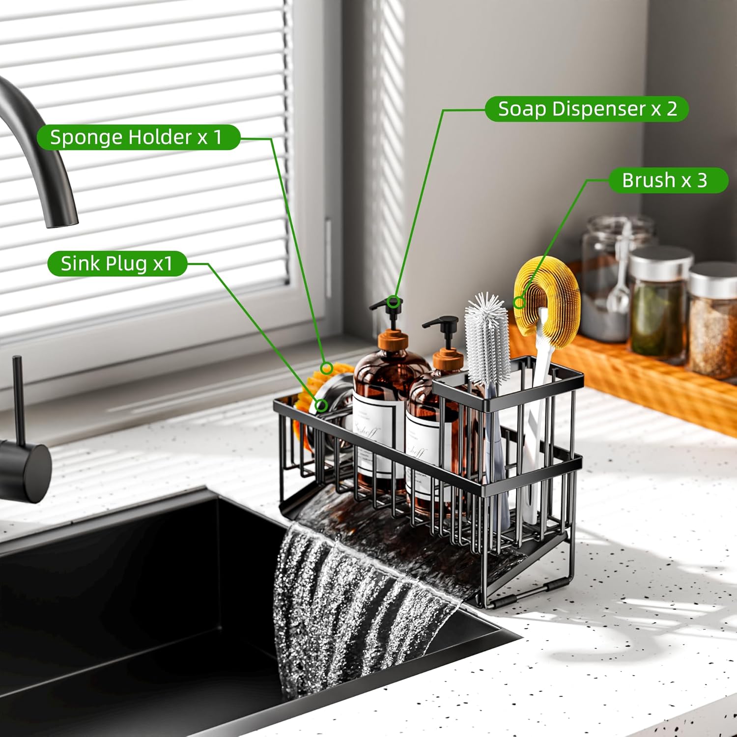 Cisily Extra Large Kitchen Sink Caddy Organizer - Rustproof 304 Stainless Steel with Brush & Sponge Holder