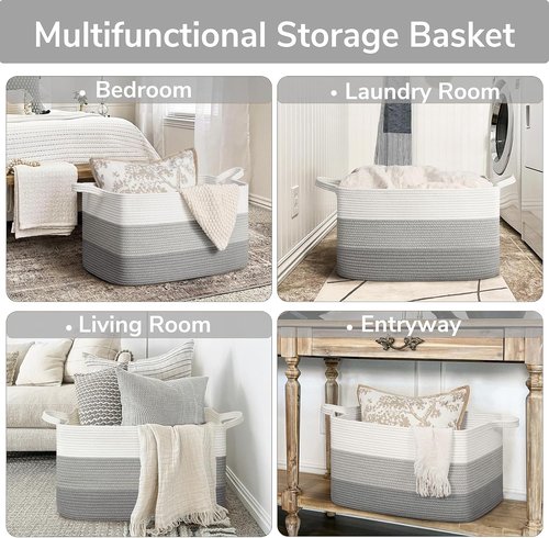 Goodpick Storage Basket - Large Woven Blanket Organizer | 21.6" x 14.9" x 11.8" | Gray Rope Design