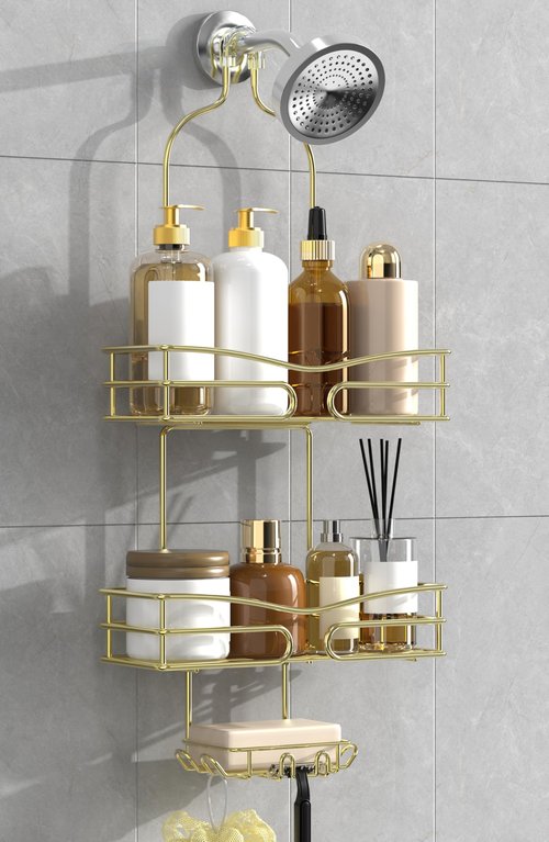 DAOYA Over the Shower Head Caddy - 3 Tier Shower Caddy Hanging, Gold Bathroom Organizer with Soap Holder & Hooks