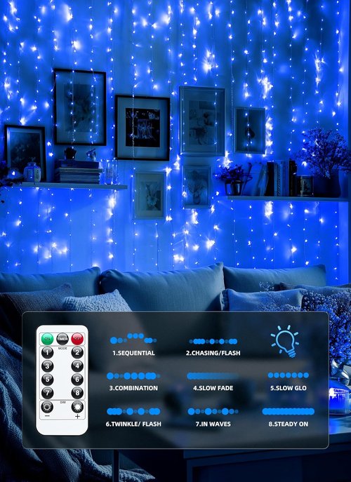 Brightown 300 LED Blue Fairy Curtain Lights - 9.8ft x 9.8ft String Lights with Remote & 8 Modes for Indoor/Outdoor Decor