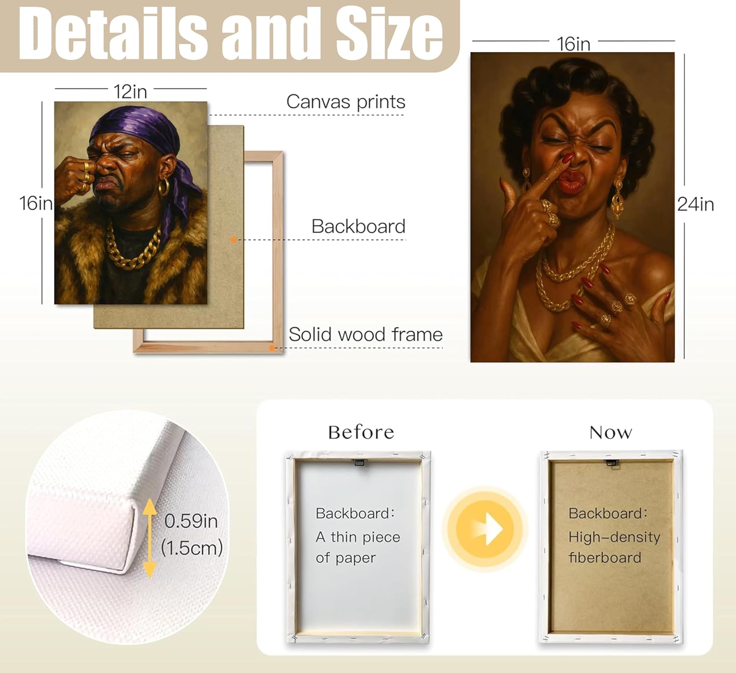 TEOVGKN Funny African American Bathroom Wall Art - Humorous Black Couple Nose Pinching Posters | Framed 12x16 in