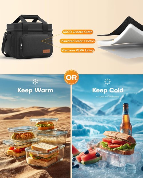 HOTOR Insulated Lunch Box - Leak-Proof Cooler Bag with Adjustable Strap | 8L, Black, Ideal for Office & Outdoor Use