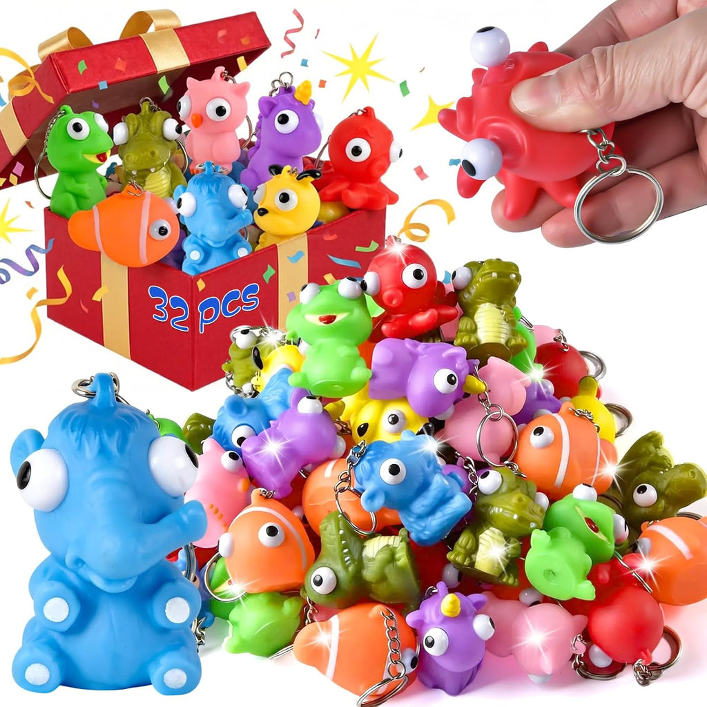 Squishy Toys - 32 Pack Popping Eyes Animal Keychains | Fun Fidget Party Favors for Kids