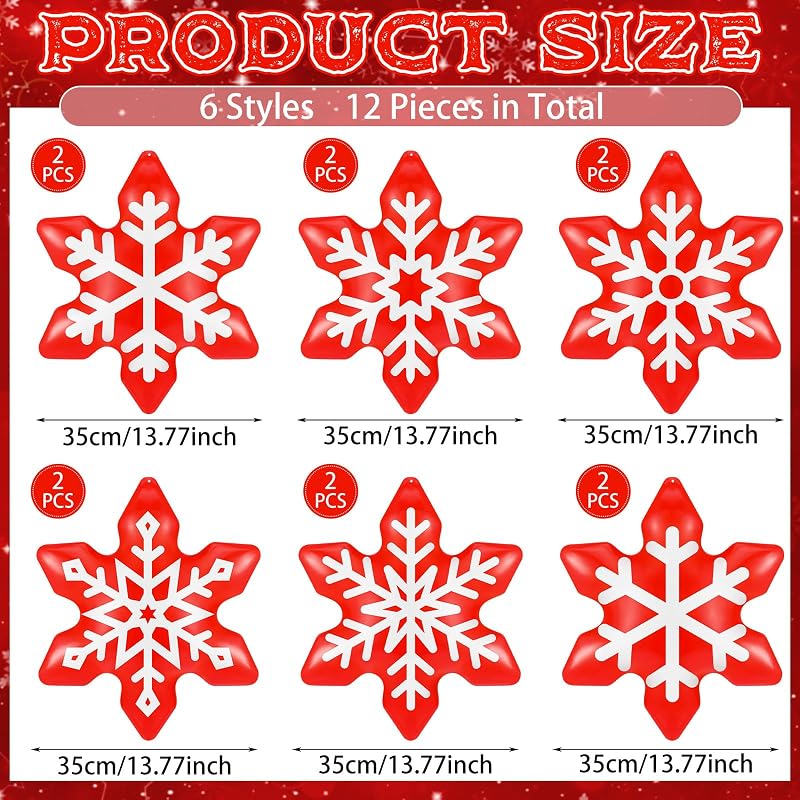12 Pack Inflatable Hanging Snowflake Decorations - Red + Snowflake Variation