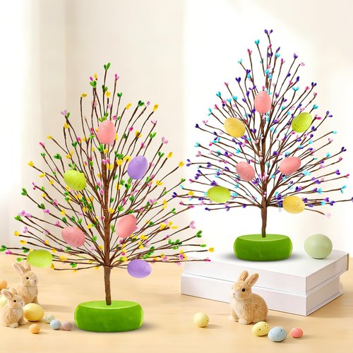 TURNMEON Easter Decorations 2 Pack Easter Tree with 14 Pastel Eggs Ornaments and Floral Berry Blossom, 15'' Tabletop Artificial Tree Easter Decor for Spring Party Table Centerpiece Room Home