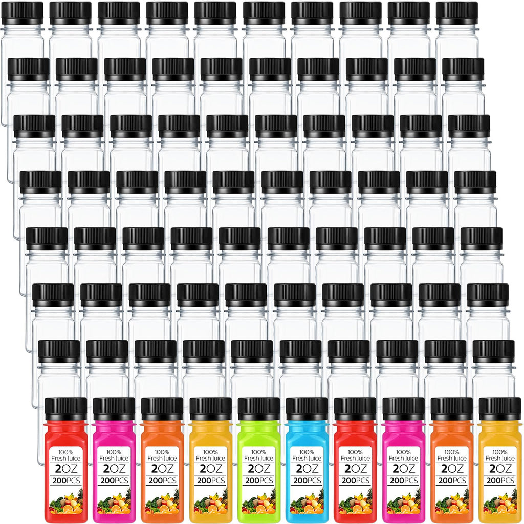 Sliner 200 Pcs 2oz Small Plastic Juice Bottles Ginger Juice Bottle with Lids Liquid Vial Reusable Clear Beverage Container with Lid, Freezer Safe, Leak Proof for Milk, Water(Black Lid)