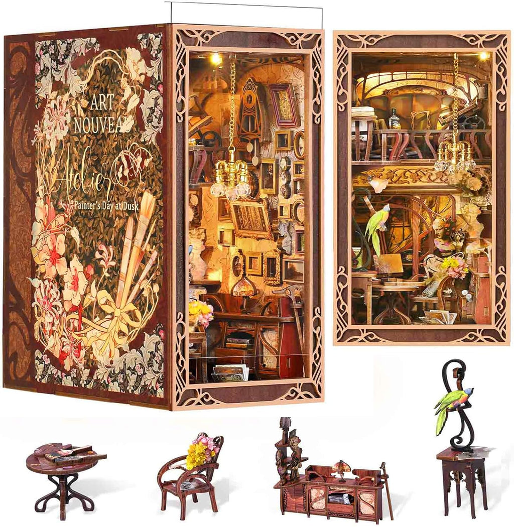 MiniCity Book Nook Kit - DIY Miniature Dollhouse Bookend Decor with LED Light | Painter's Day at Dusk