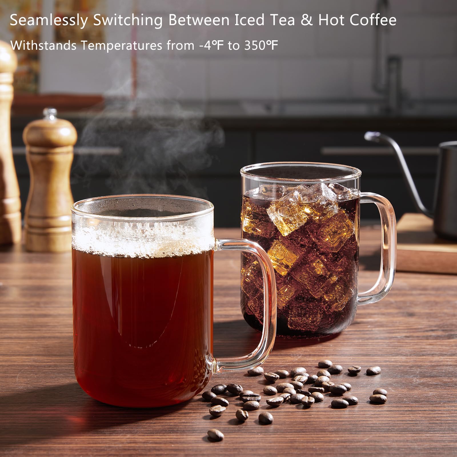 BWODYAY Glass Coffee Mugs, 20 oz Ice Coffee Cups Set of 4, Large Clear Tea Cups, Glass Mugs with Handles for Hot Beverages, Glass Cups for Latte, Cappuccino, and Tea