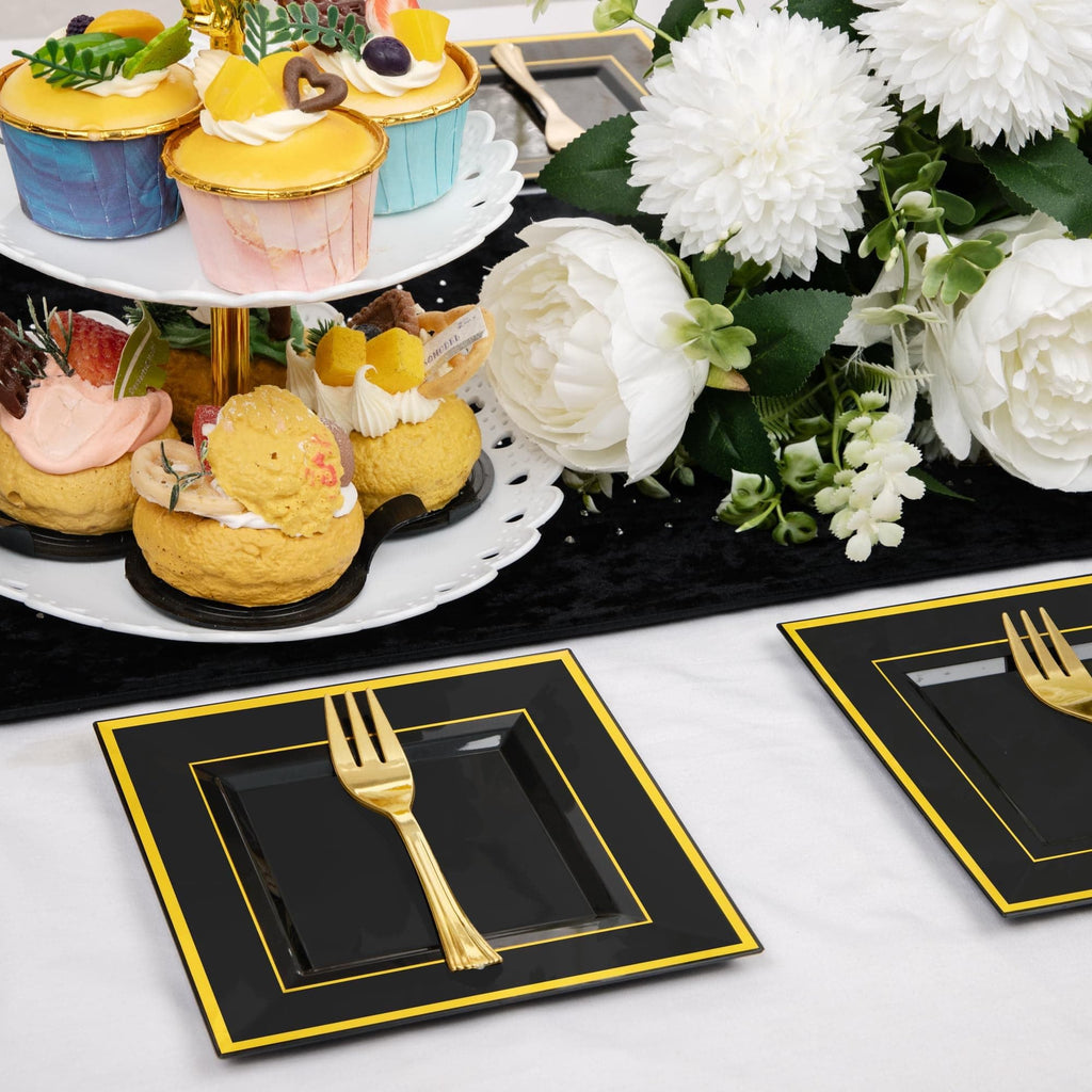 WDF 200PCS Black and Gold Plastic Dessert Plates with Plastic Forks -6’’ 100 Square Disposable Appetizer Plates Small Plate Cake Plate with Gold Rim for Wedding/Party/Birthday/Graduation