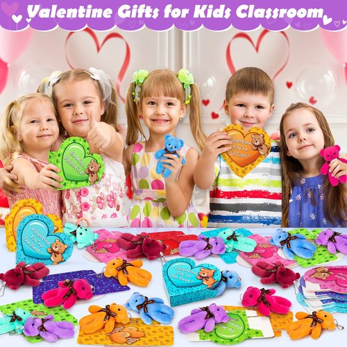 BAYSING Valentines Day Cards for Kids School, 24 Pack Stuffed Bears Keychains Plush Toys, Valentine Day Party Favors for Boys Girls, Ideal Exchange Cards for Classroom