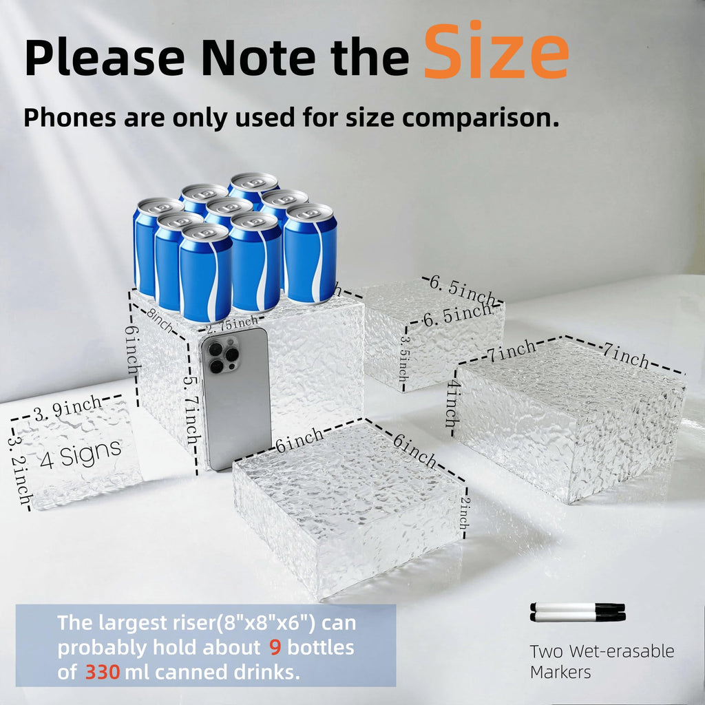 ReeGii 8PCS Buffet Risers Display Stands with 8PCS Mini Signs,Acrylic Cube Display Risers with Hollow Bottom, 2Sets (6, 6.5, 7, 8)" (Transparent, 2 Sets ( 6'',6.5'',7'',8'' ))