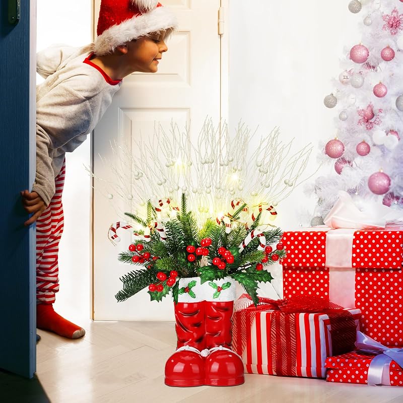 Christmas Santa Boot Vase with Tree & Candy Cane Lights - 25 Inch Decor