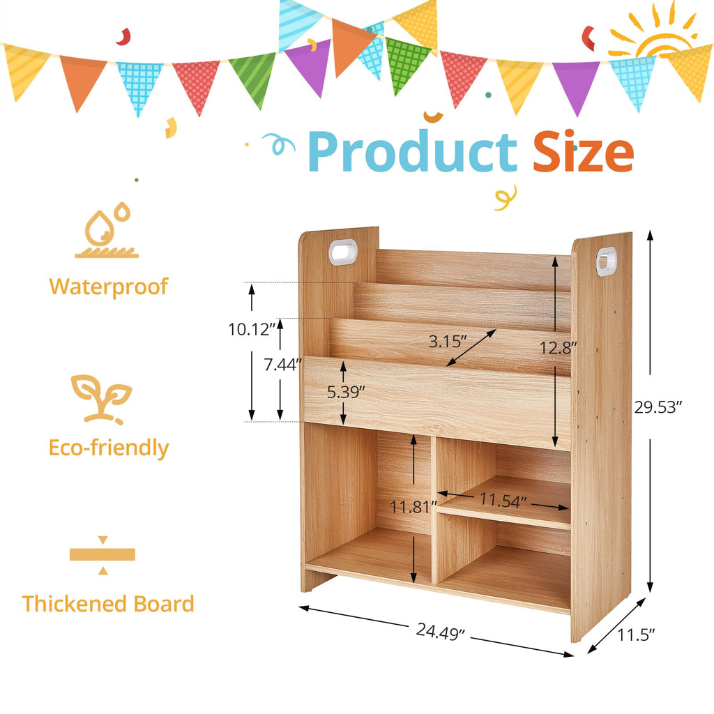 VECELO Kids Bookshelf with Toy Storage - Wooden Nursery Organizer for Books & Toys, Easy Assembly Playroom Shelf (Teak)