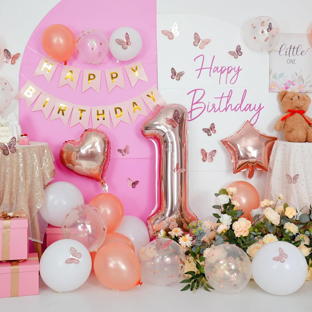 Rose Gold 1st Birthday Decoration Set | 1st Birthday Balloon with Butterfly Stickers & Foil Balloons